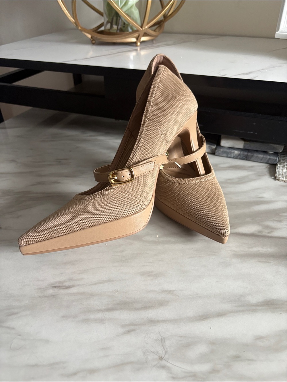 cloud island Beige Pointed-Toe Mary Jane Heels with Gold Buckle